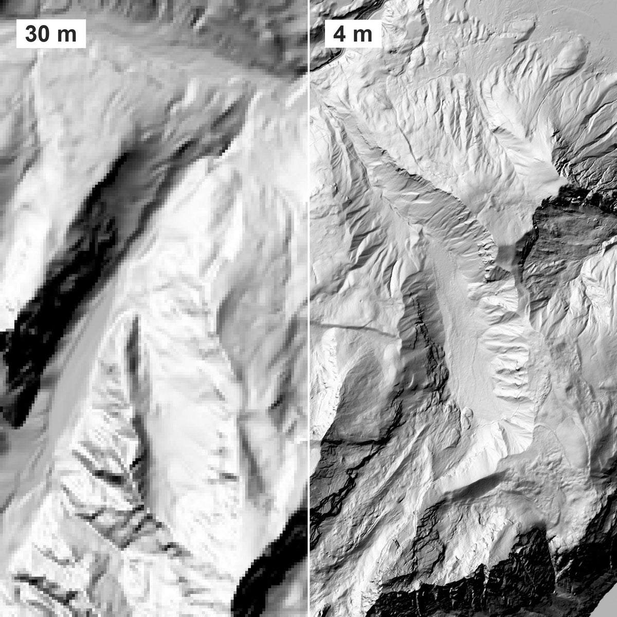 Dasselbe Gelände in den Berchtesgadener Alpen, links mit rund 30 m, rechts mit 4 m Auflösung