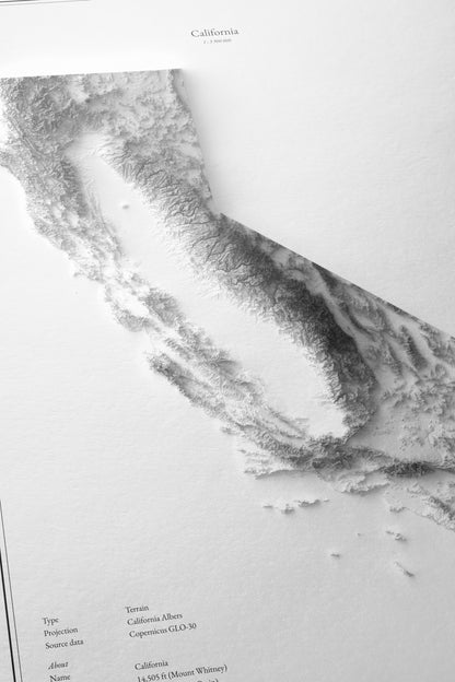 Kalifornien - Reliefkarte, Nahaufnahme des strukturierten Fine-Art-Papiers