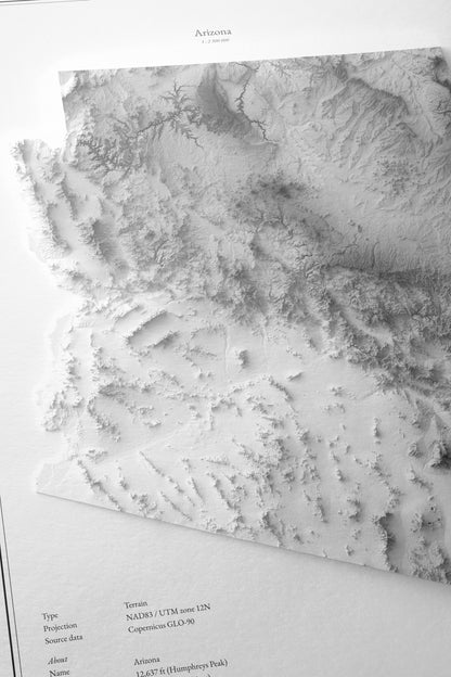 Arizona - Reliefkarte, Nahaufnahme des strukturierten Fine-Art-Papiers