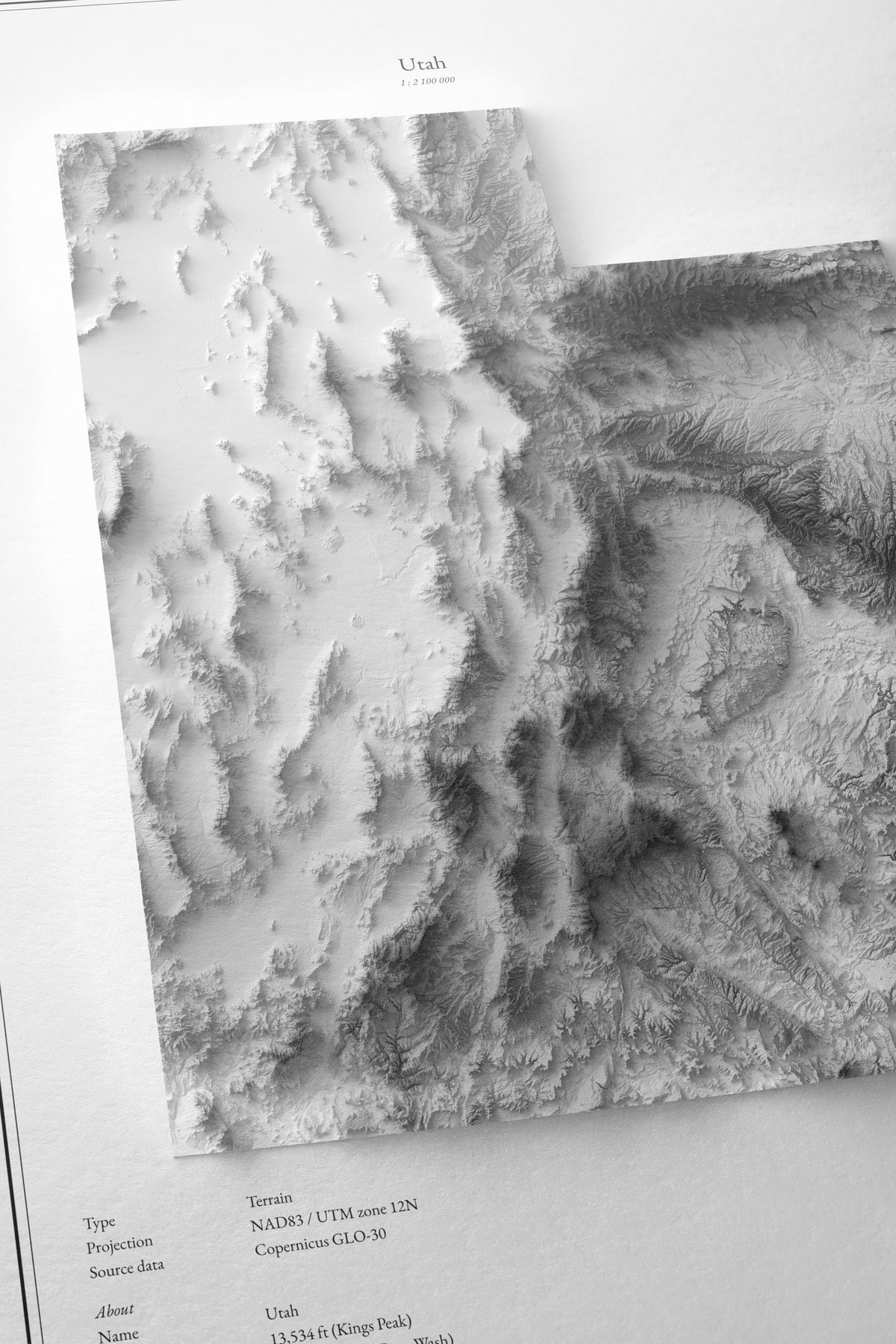 Utah - Reliefkarte, Nahaufnahme des strukturierten Fine-Art-Papiers