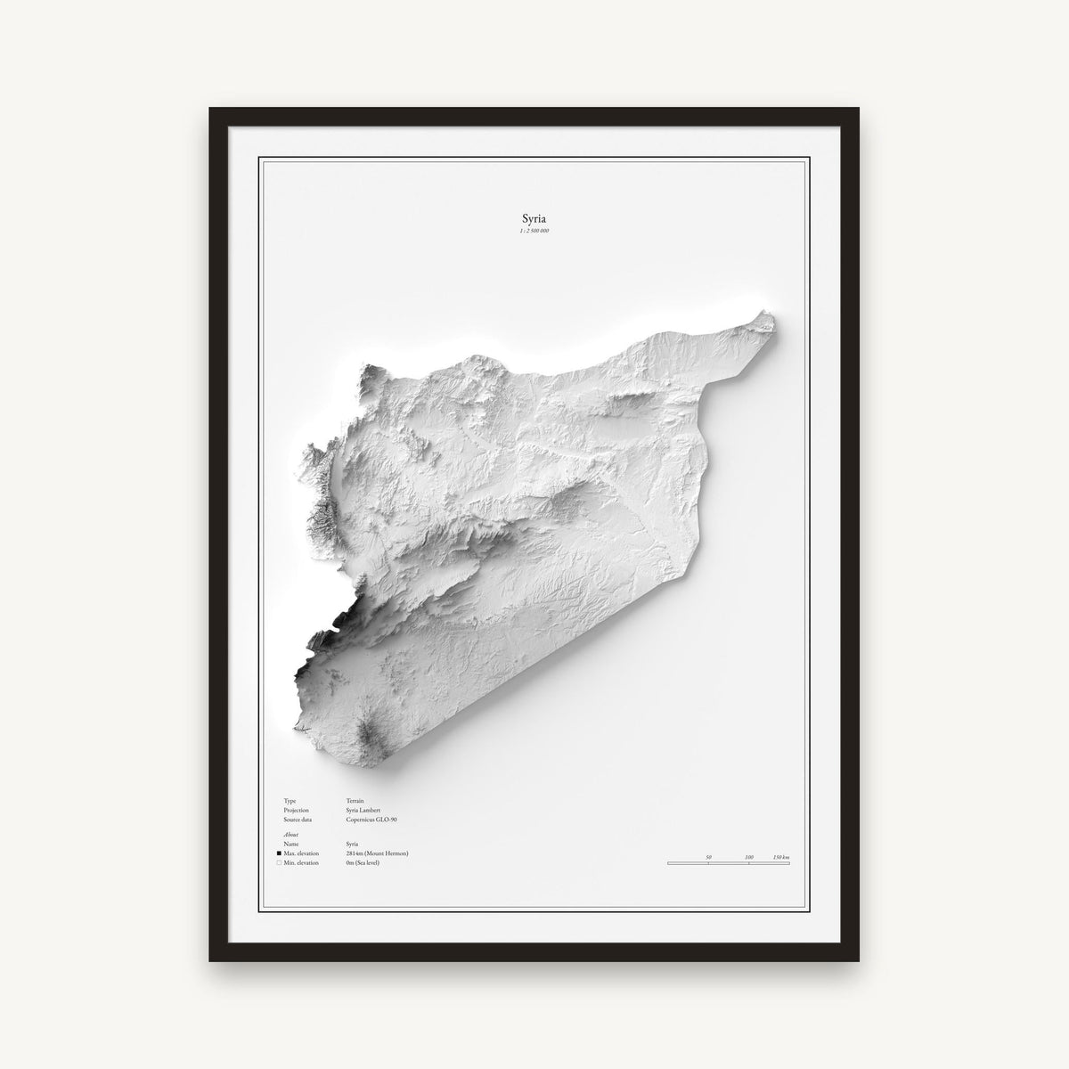 Syrien - Reliefkarte, im schwarzen Rahmen