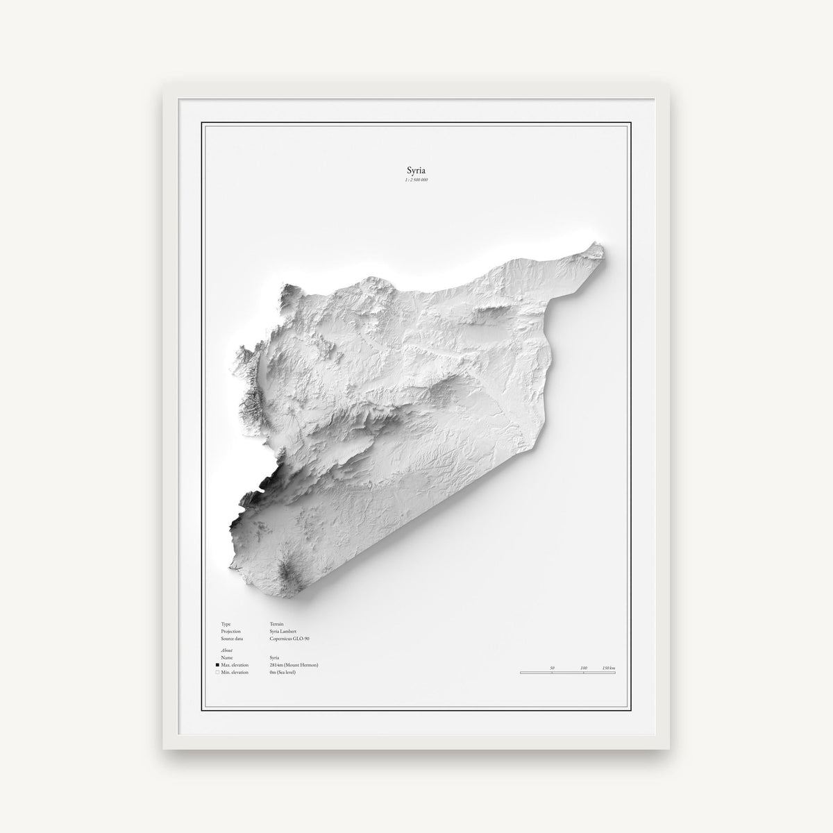 Syrien - Reliefkarte, im weißen Rahmen