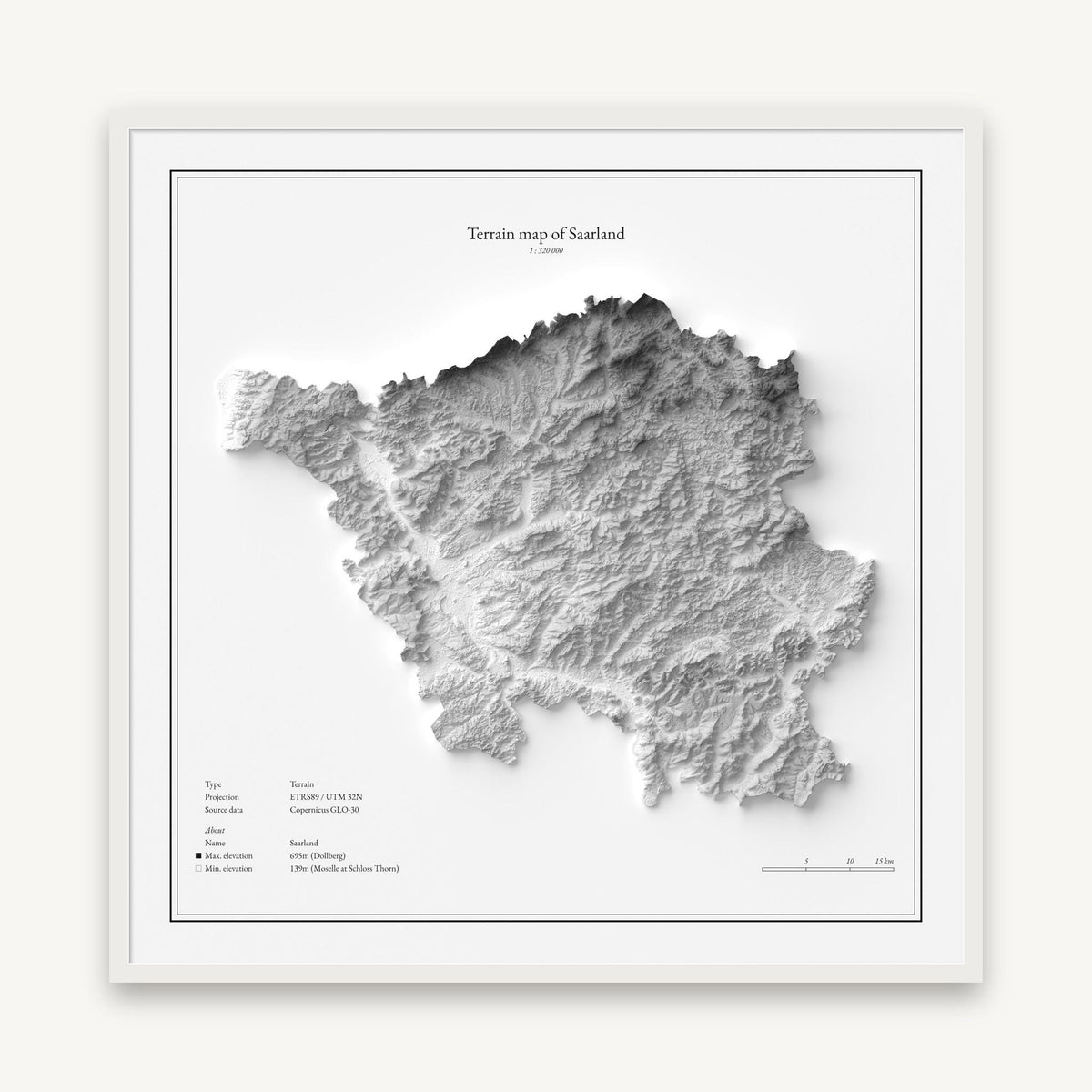 Saarland - Reliefkarte, im weißen Rahmen