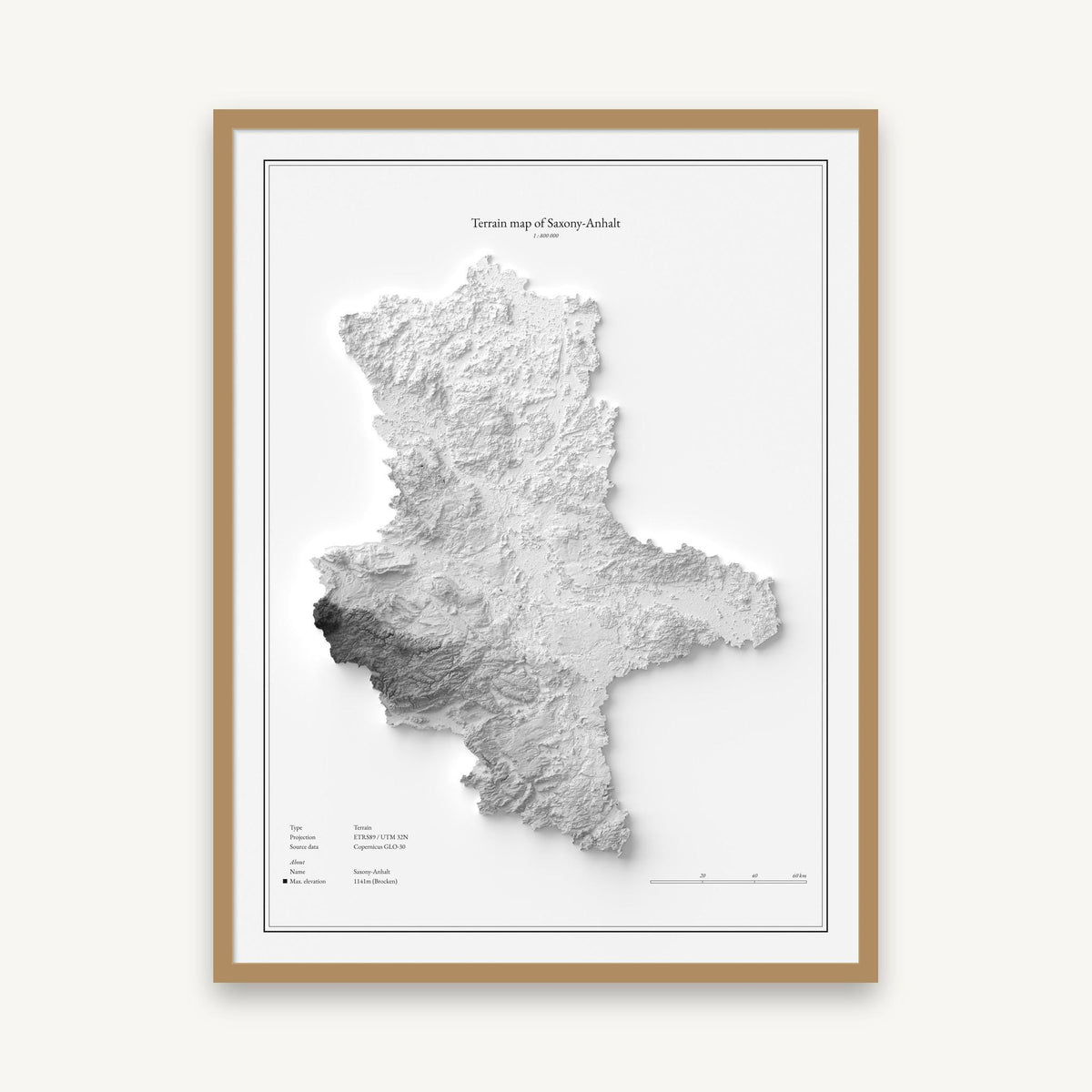 Sachsen-Anhalt - Reliefkarte, im Naturholzrahmen