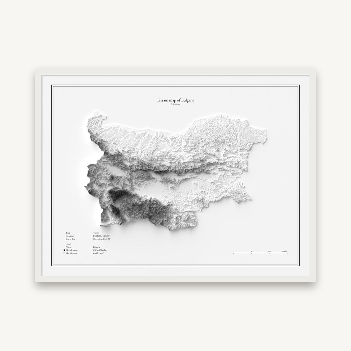 Bulgarien - Reliefkarte, im weißen Rahmen