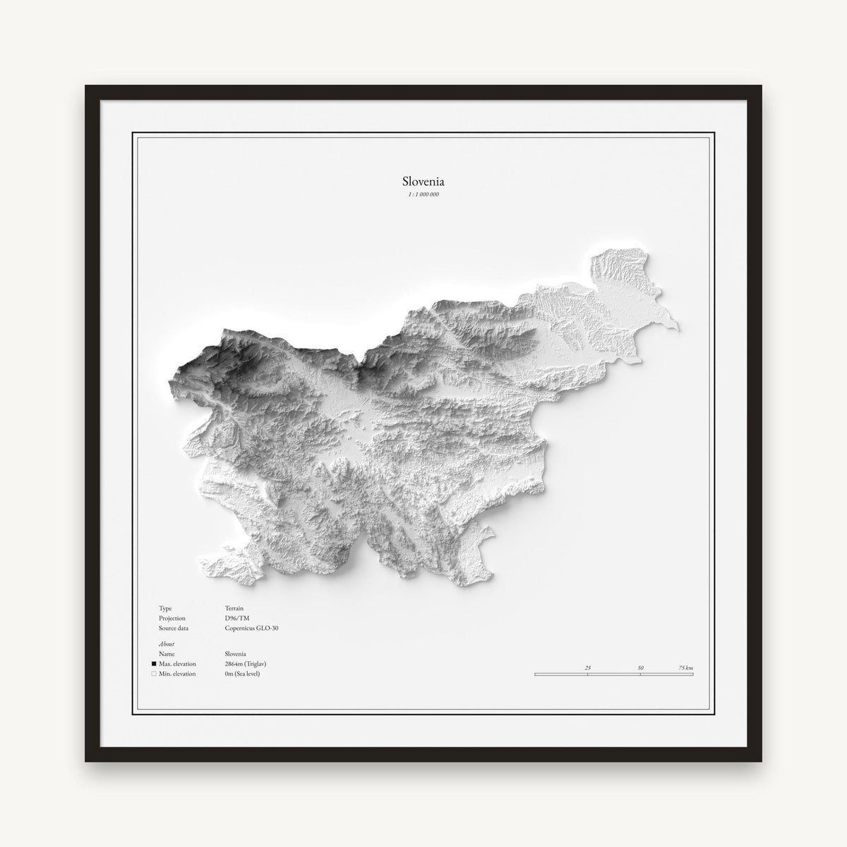 Slowenien - Reliefkarte, im schwarzen Rahmen