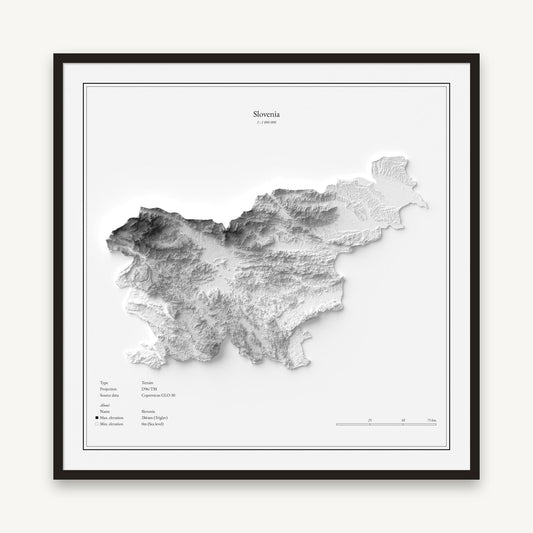 Slowenien - Reliefkarte, im schwarzen Rahmen