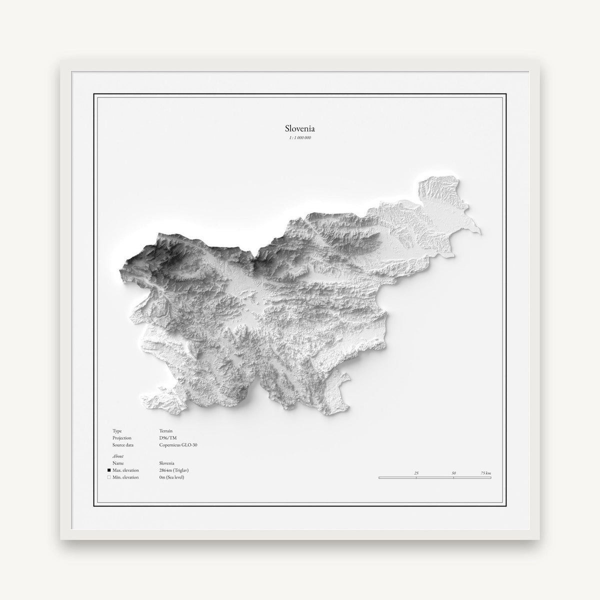 Slowenien - Reliefkarte, im weißen Rahmen