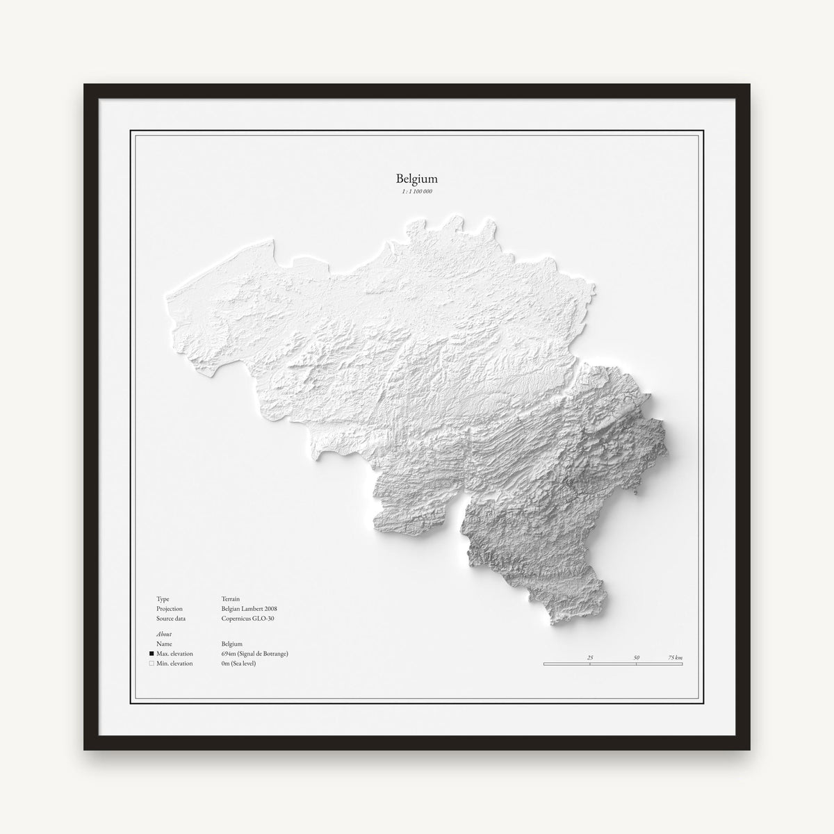 Belgien - Reliefkarte, im schwarzen Rahmen