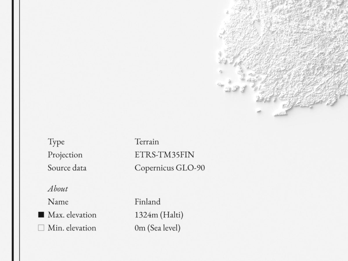 Finnland - Reliefkarte, Detailansicht mit Name sowie höchstem und tiefstem Punkt