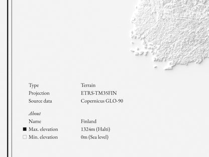 Finnland - Reliefkarte, Detailansicht mit Name sowie höchstem und tiefstem Punkt