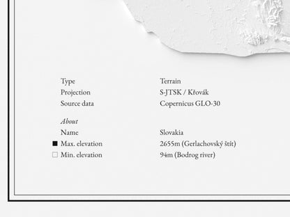 Slowakei - Reliefkarte, Detailansicht mit Name sowie höchstem und tiefstem Punkt