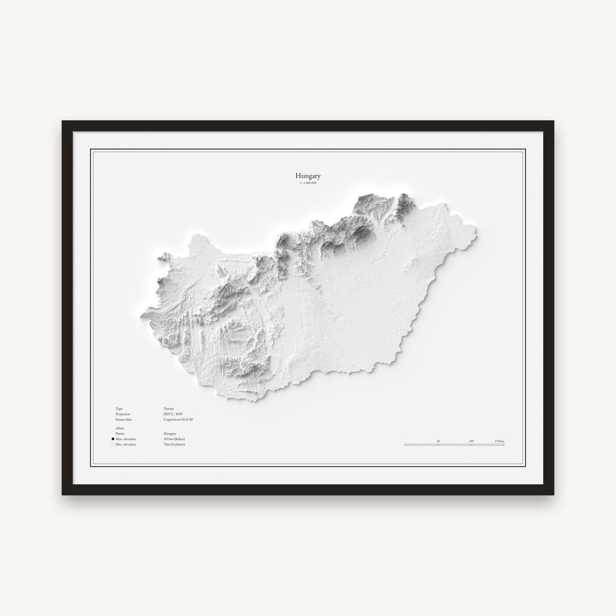 Ungarn - Reliefkarte, im schwarzen Rahmen
