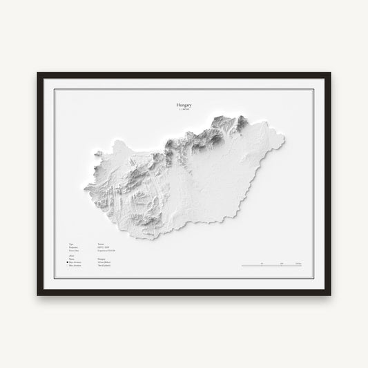 Ungarn - Reliefkarte, im schwarzen Rahmen