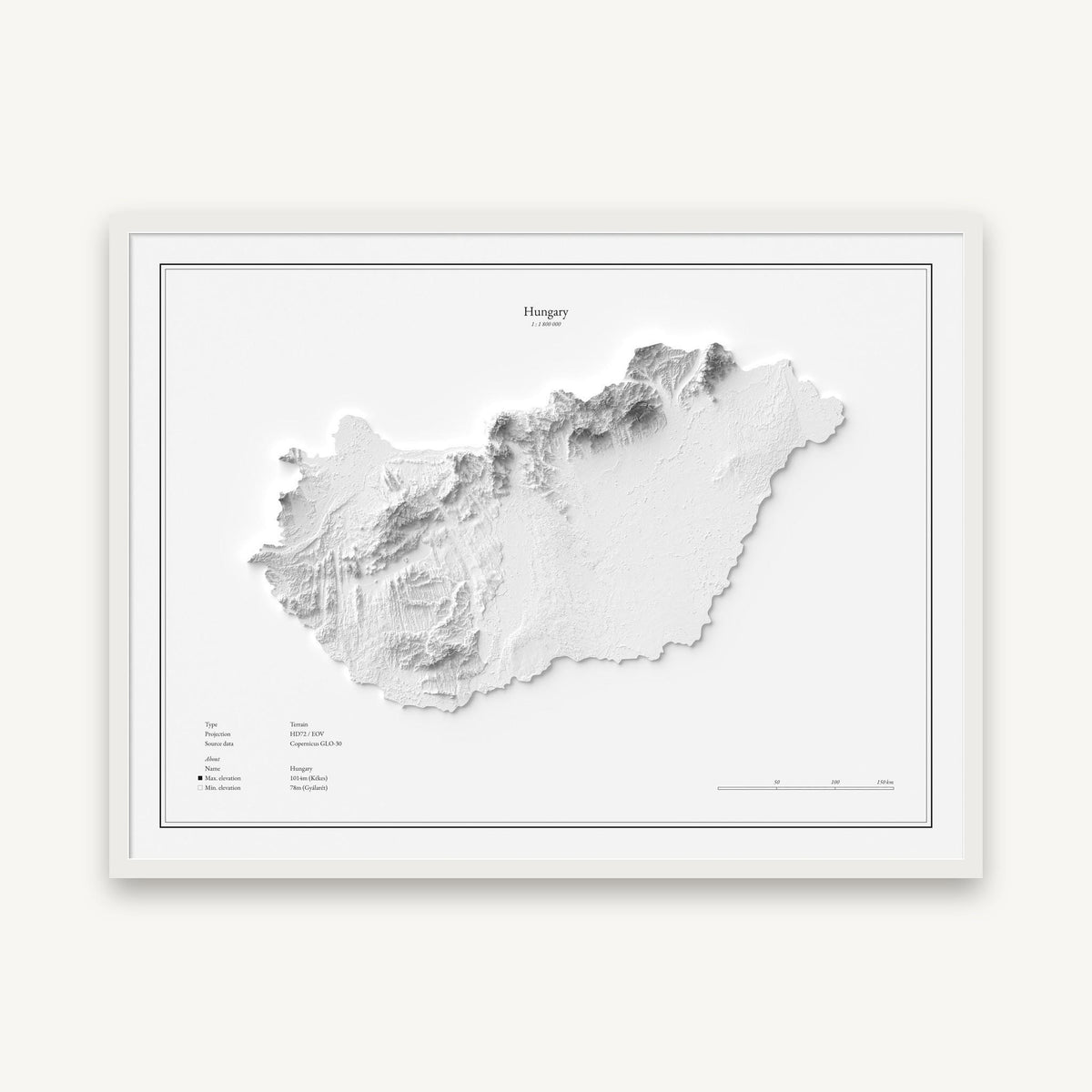 Ungarn - Reliefkarte, im weißen Rahmen