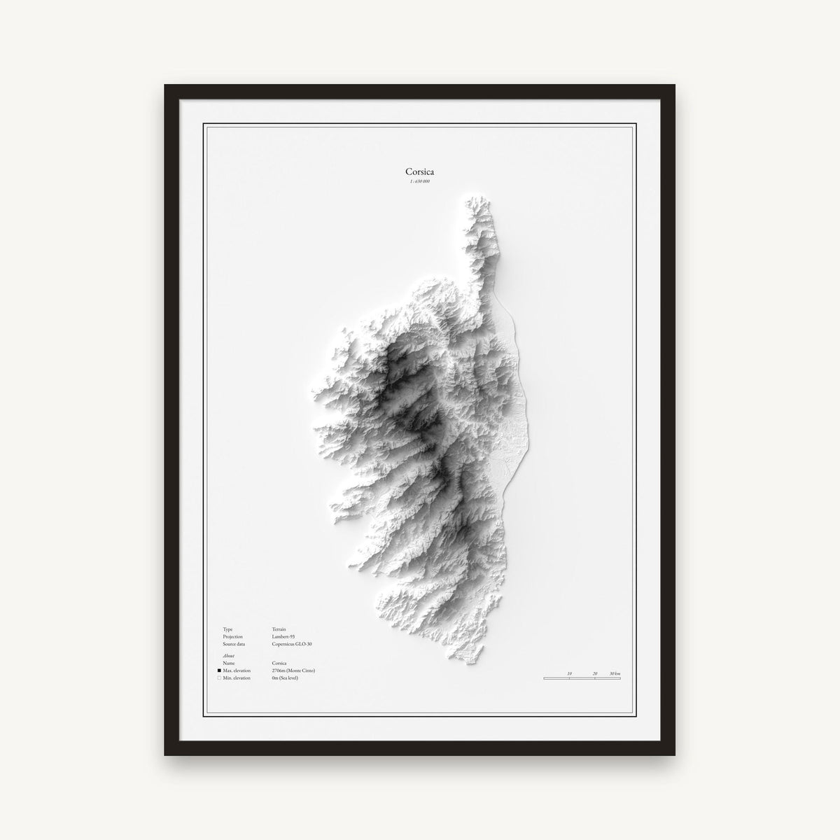 Korsika - Reliefkarte, im schwarzen Rahmen