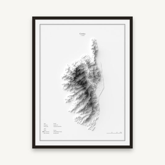 Korsika - Reliefkarte, im schwarzen Rahmen