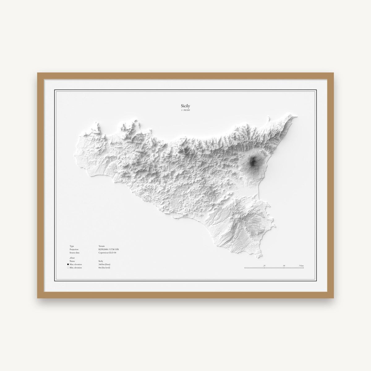 Sizilien - Reliefkarte, im Naturholzrahmen