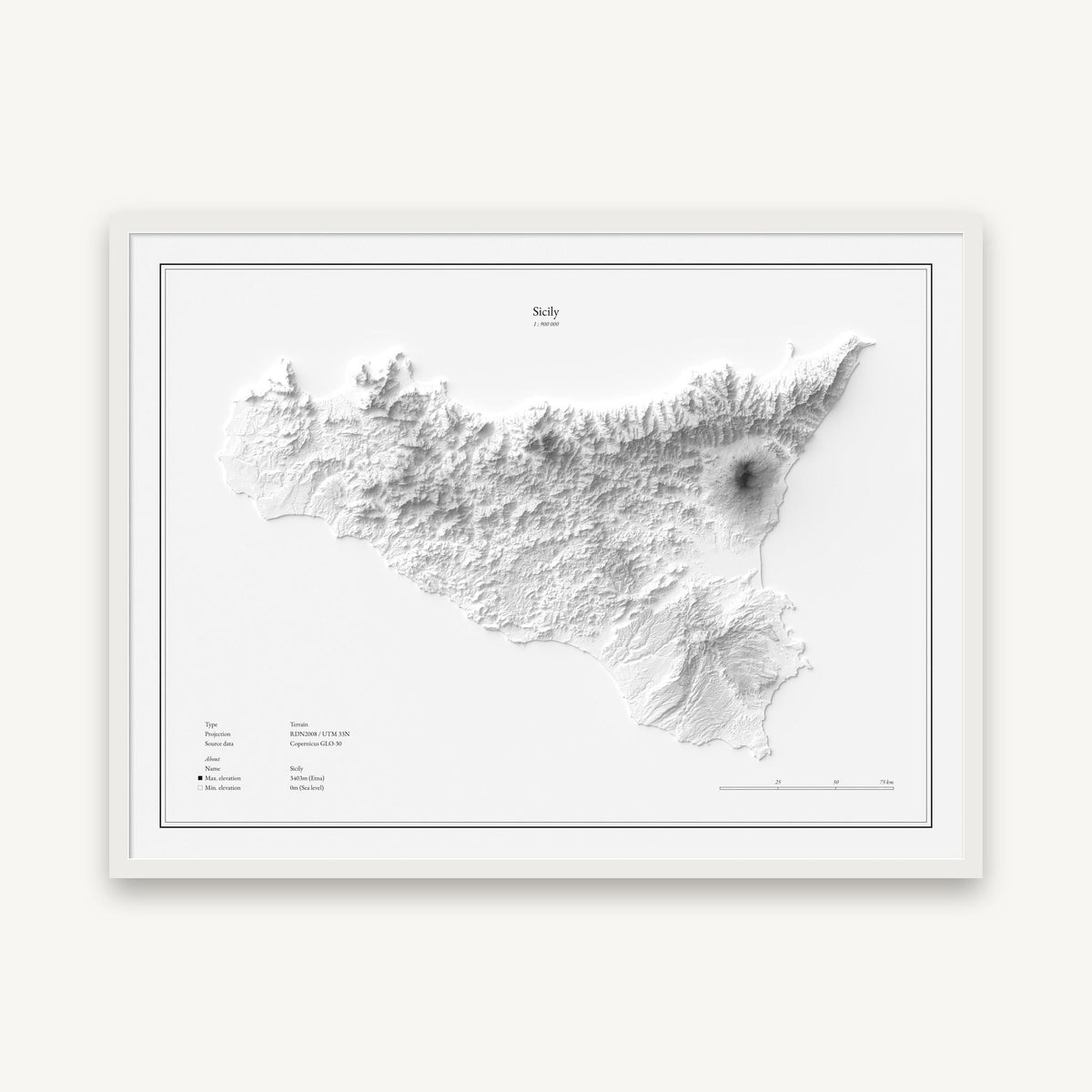 Sizilien - Reliefkarte, im weißen Rahmen