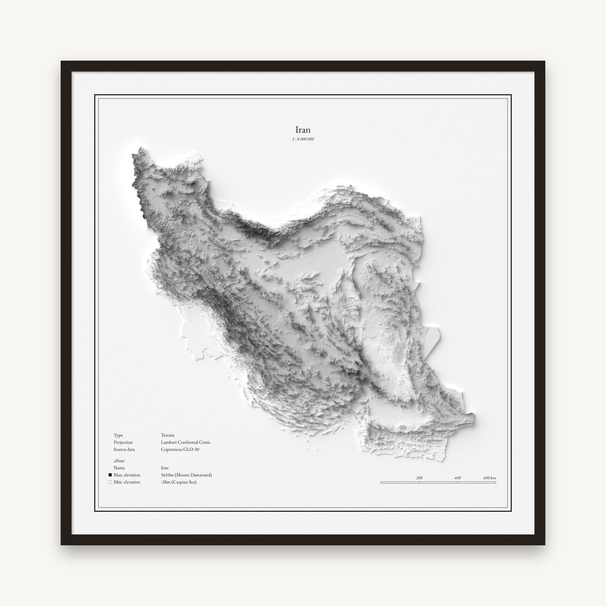Iran - Reliefkarte, im schwarzen Rahmen
