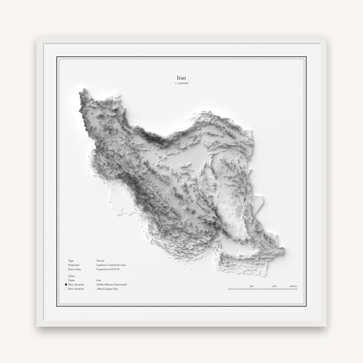 Iran - Reliefkarte, im weißen Rahmen