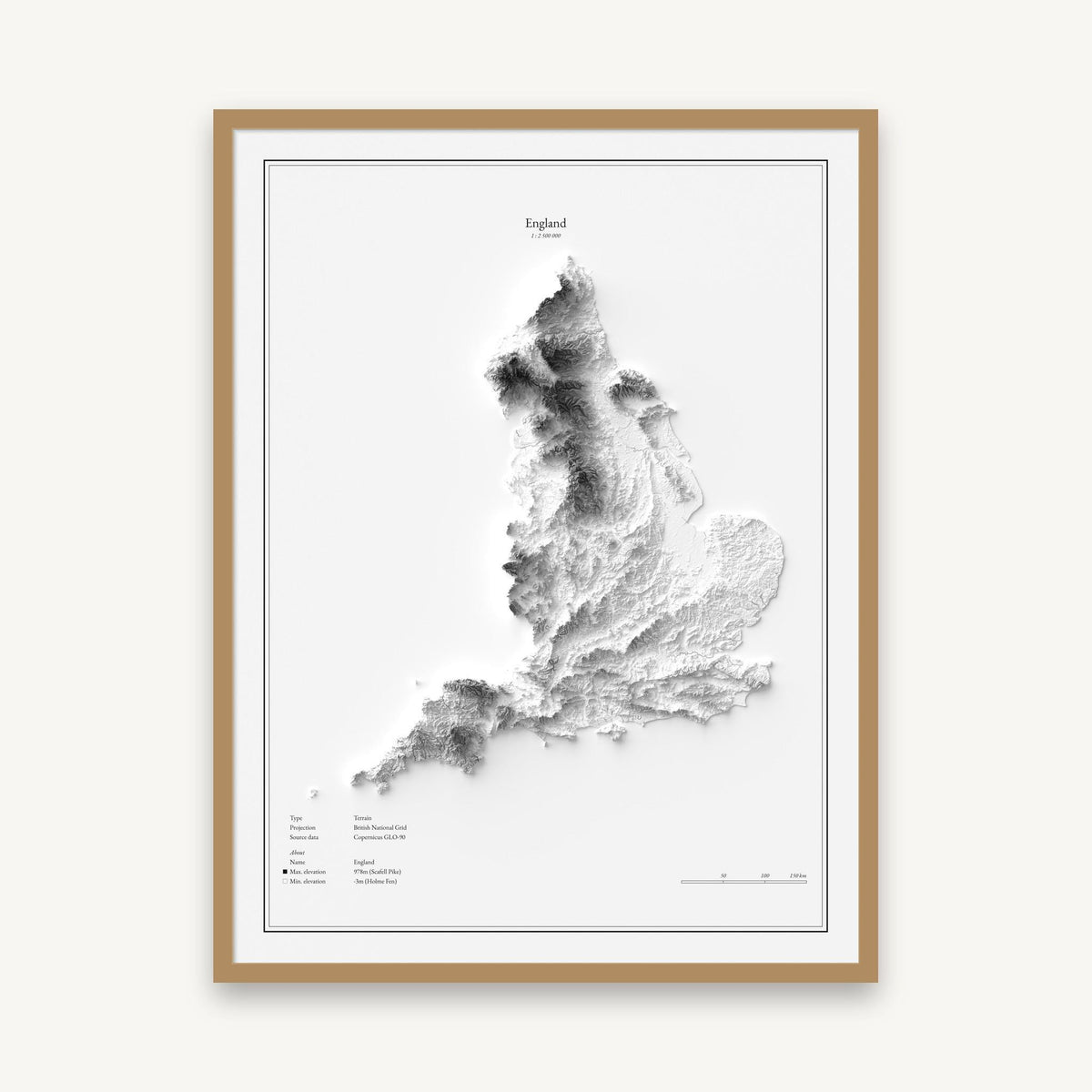 England - Reliefkarte, im Naturholzrahmen