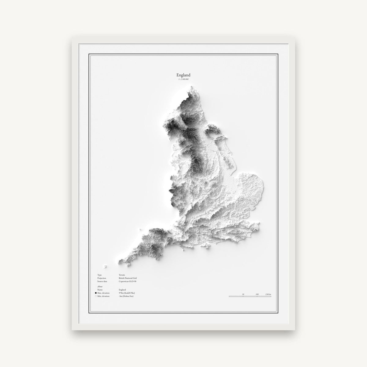 England - Reliefkarte, im weißen Rahmen