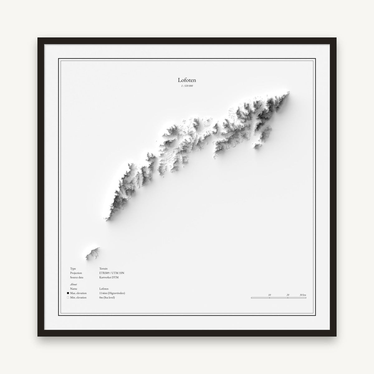 Lofoten - Reliefkarte, im schwarzen Rahmen