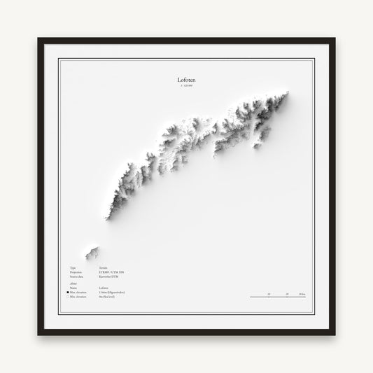 Lofoten - Reliefkarte, im schwarzen Rahmen