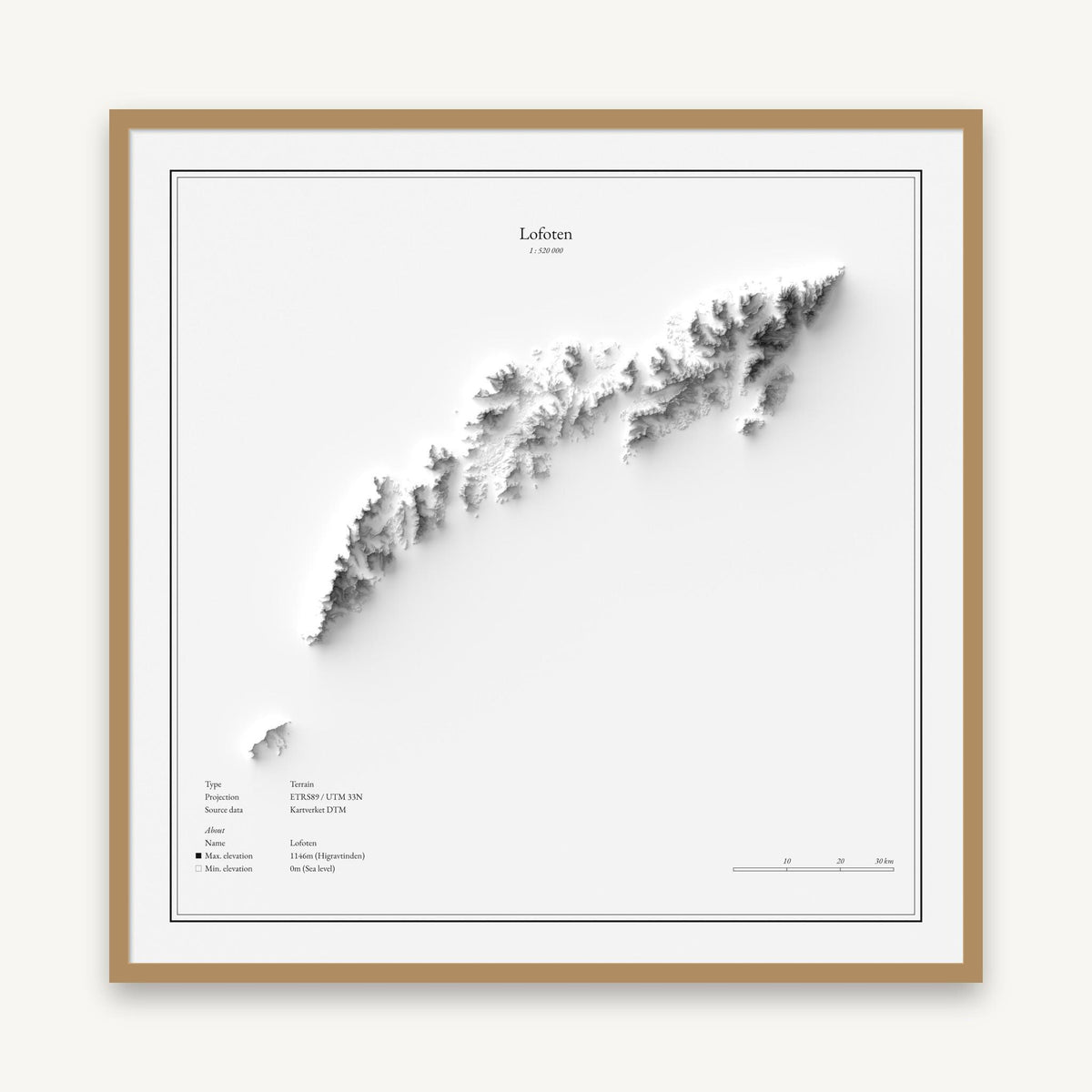 Lofoten - Reliefkarte, im Naturholzrahmen