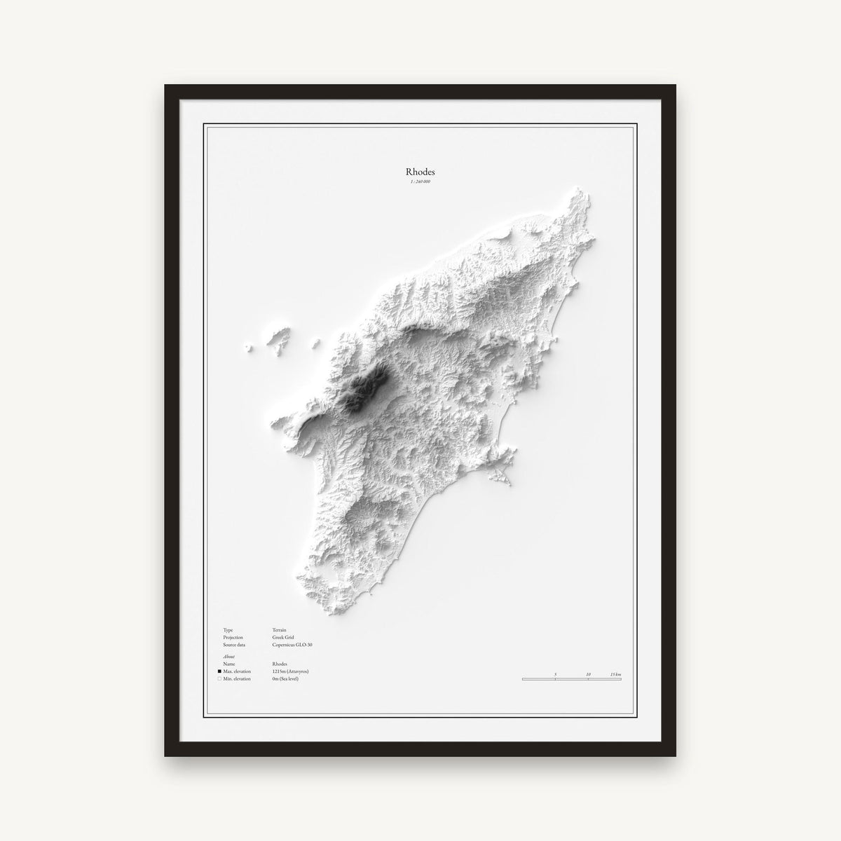 Rhodos - Reliefkarte, im schwarzen Rahmen