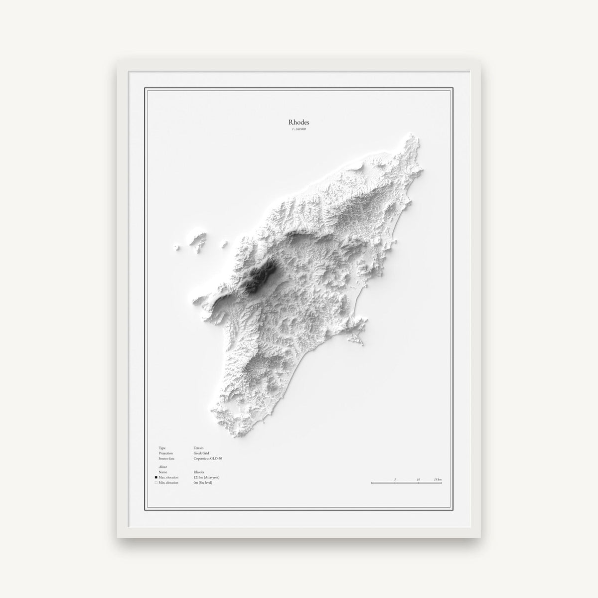 Rhodos - Reliefkarte, im weißen Rahmen