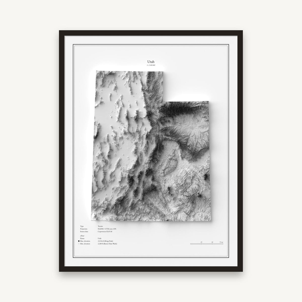 Utah - Reliefkarte, im schwarzen Rahmen