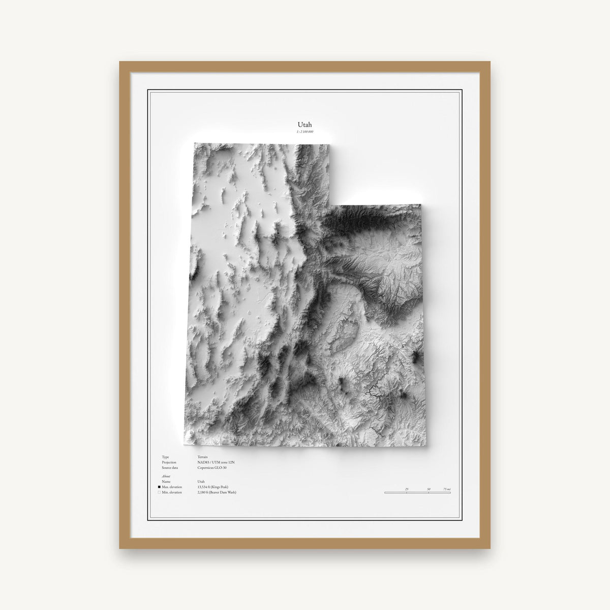 Utah - Reliefkarte, im Naturholzrahmen