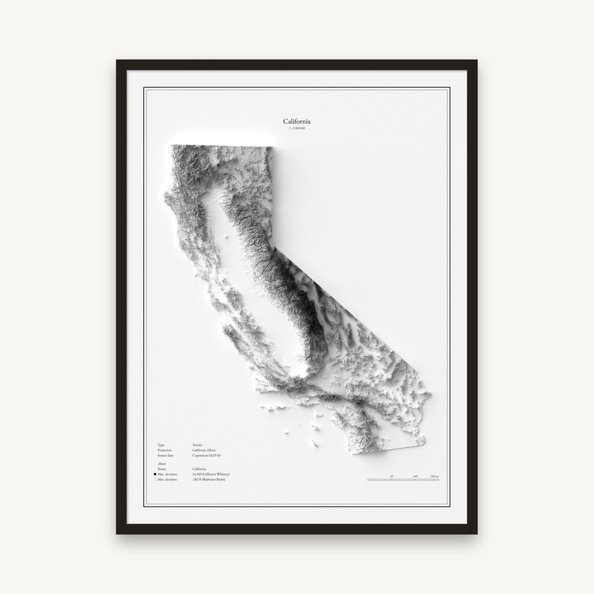Kalifornien - Reliefkarte, im schwarzen Rahmen