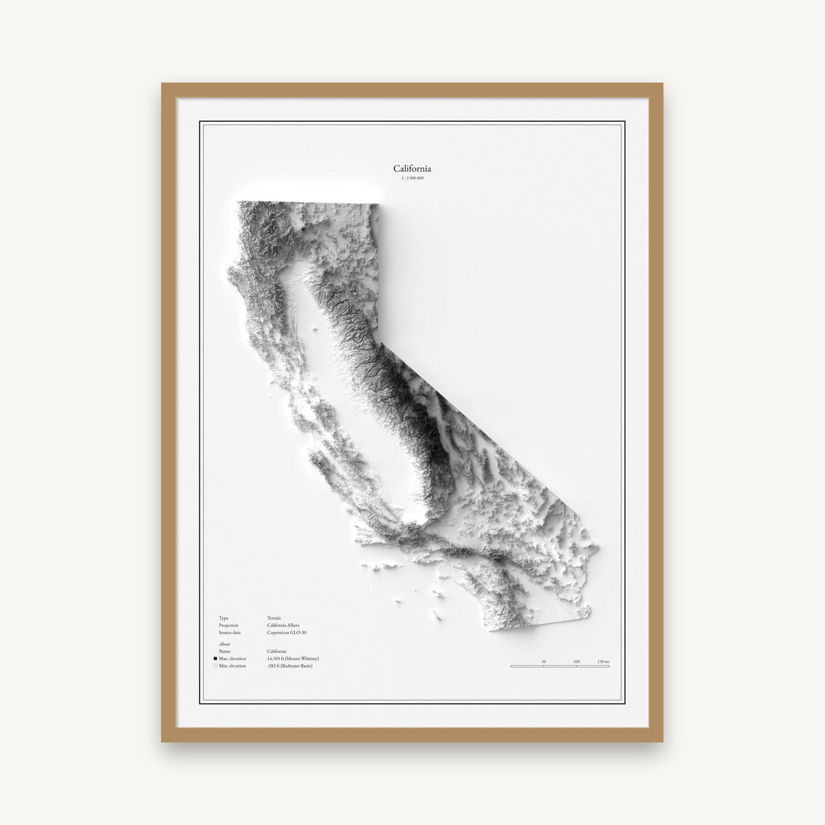 Kalifornien - Reliefkarte, im Naturholzrahmen