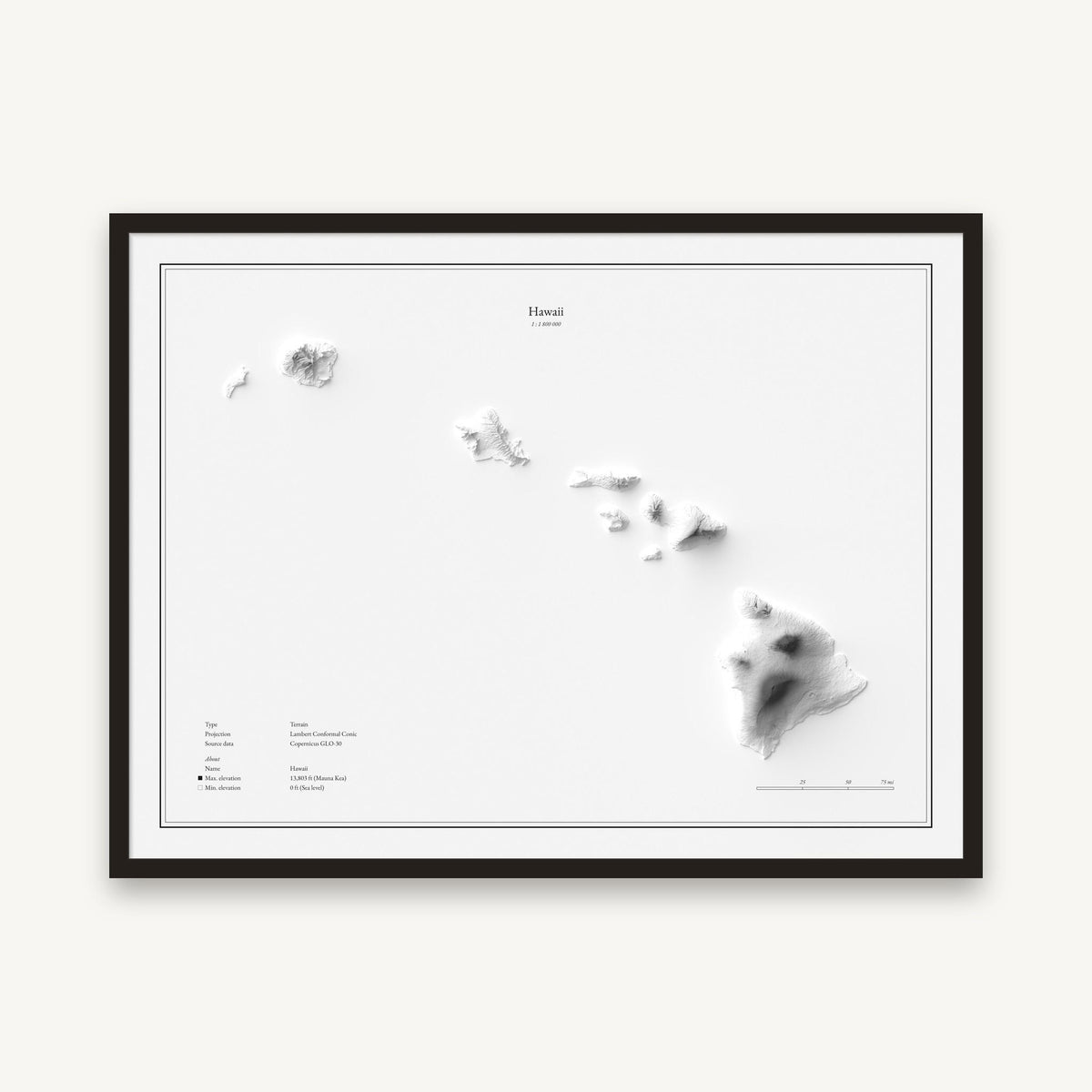 Hawaii - Reliefkarte, im schwarzen Rahmen