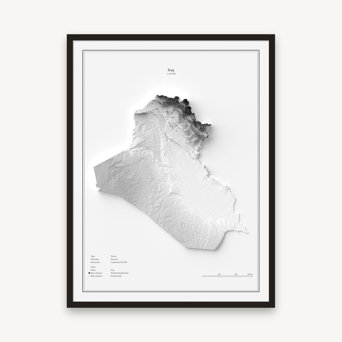 Irak - Reliefkarte, im schwarzen Rahmen