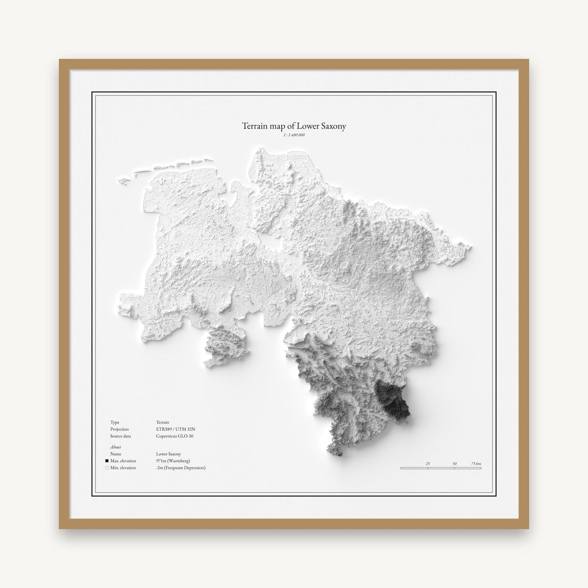 Niedersachsen - Reliefkarte, im Naturholzrahmen