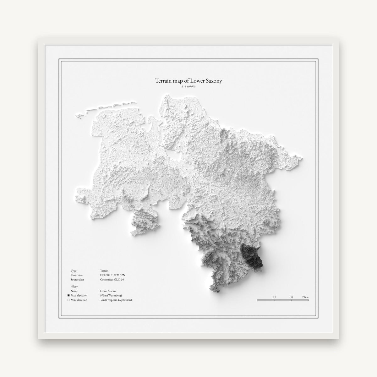Niedersachsen - Reliefkarte, im weißen Rahmen