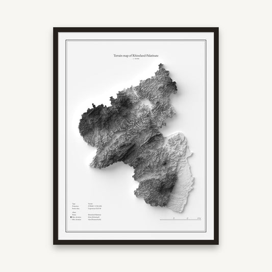 Rheinland-Pfalz - Reliefkarte, im schwarzen Rahmen