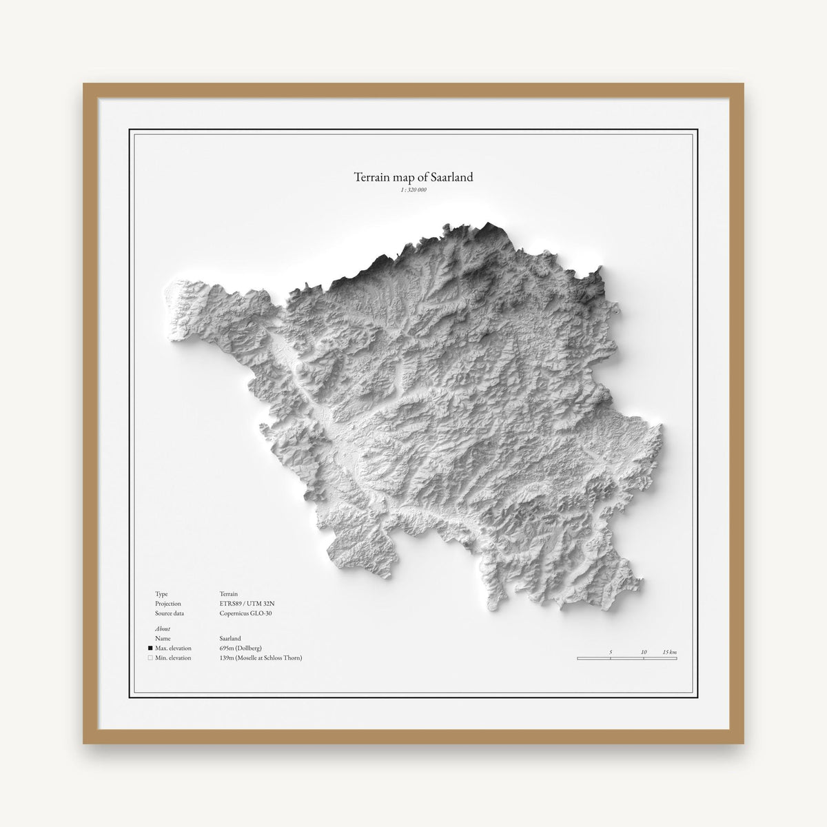 Saarland - Reliefkarte, im Naturholzrahmen