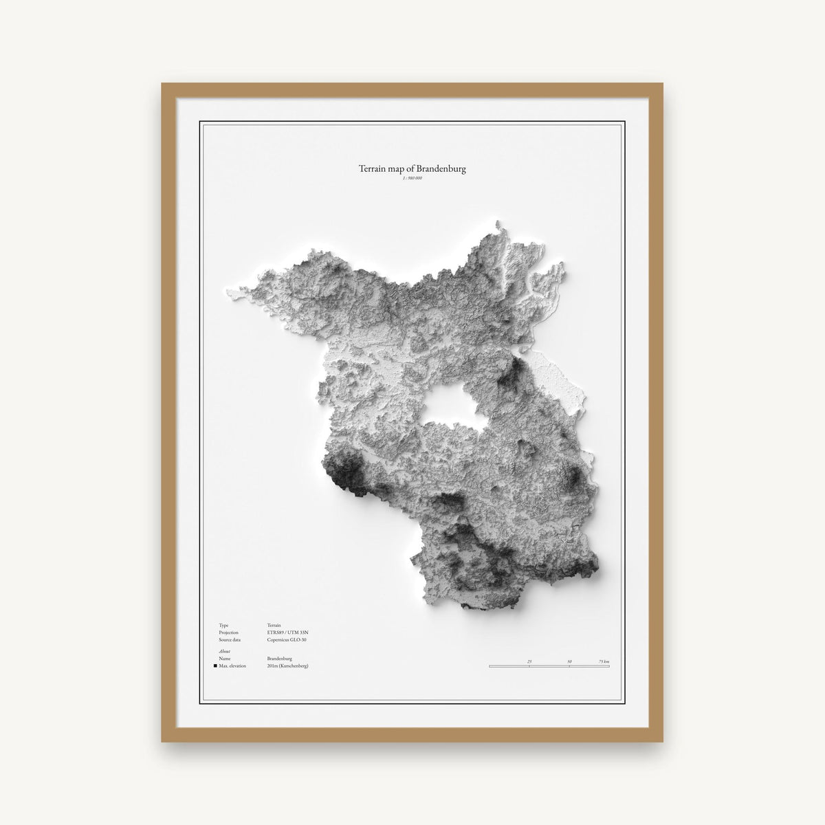 Brandenburg - Reliefkarte, im Naturholzrahmen