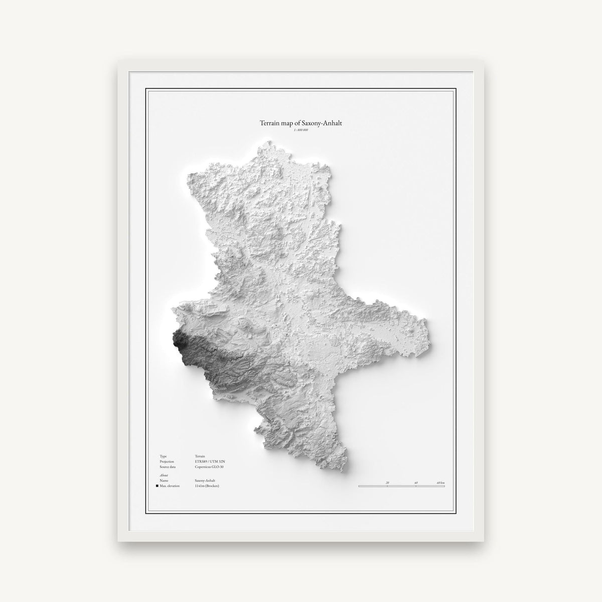 Sachsen-Anhalt - Reliefkarte, im weißen Rahmen