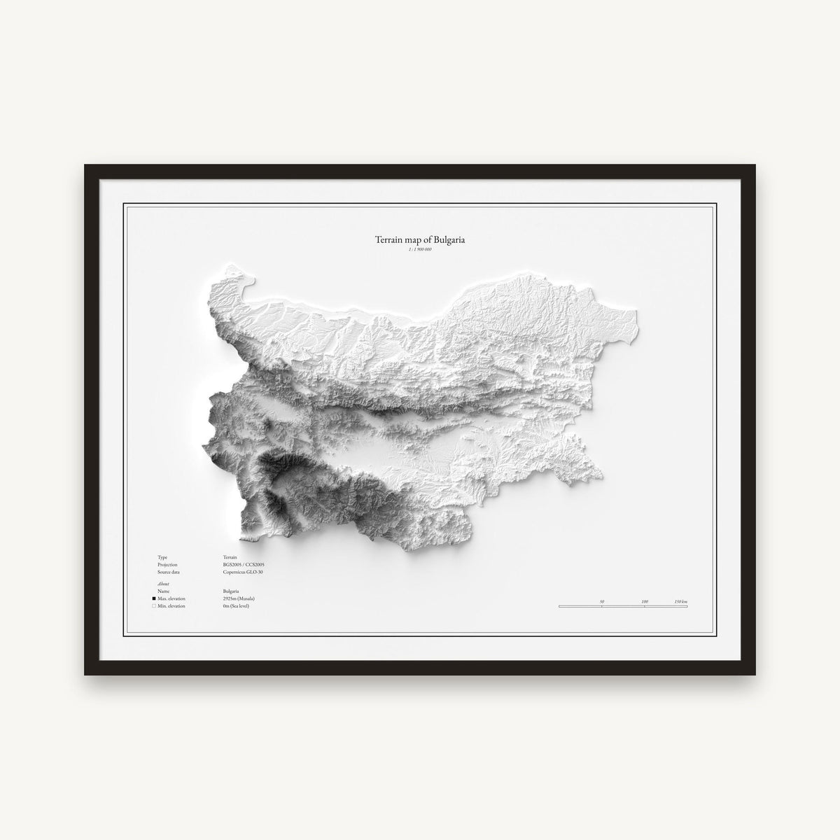 Bulgarien - Reliefkarte, im schwarzen Rahmen
