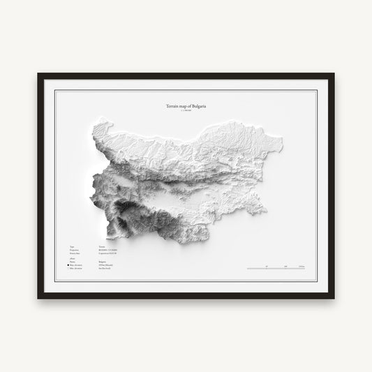 Bulgarien - Reliefkarte, im schwarzen Rahmen