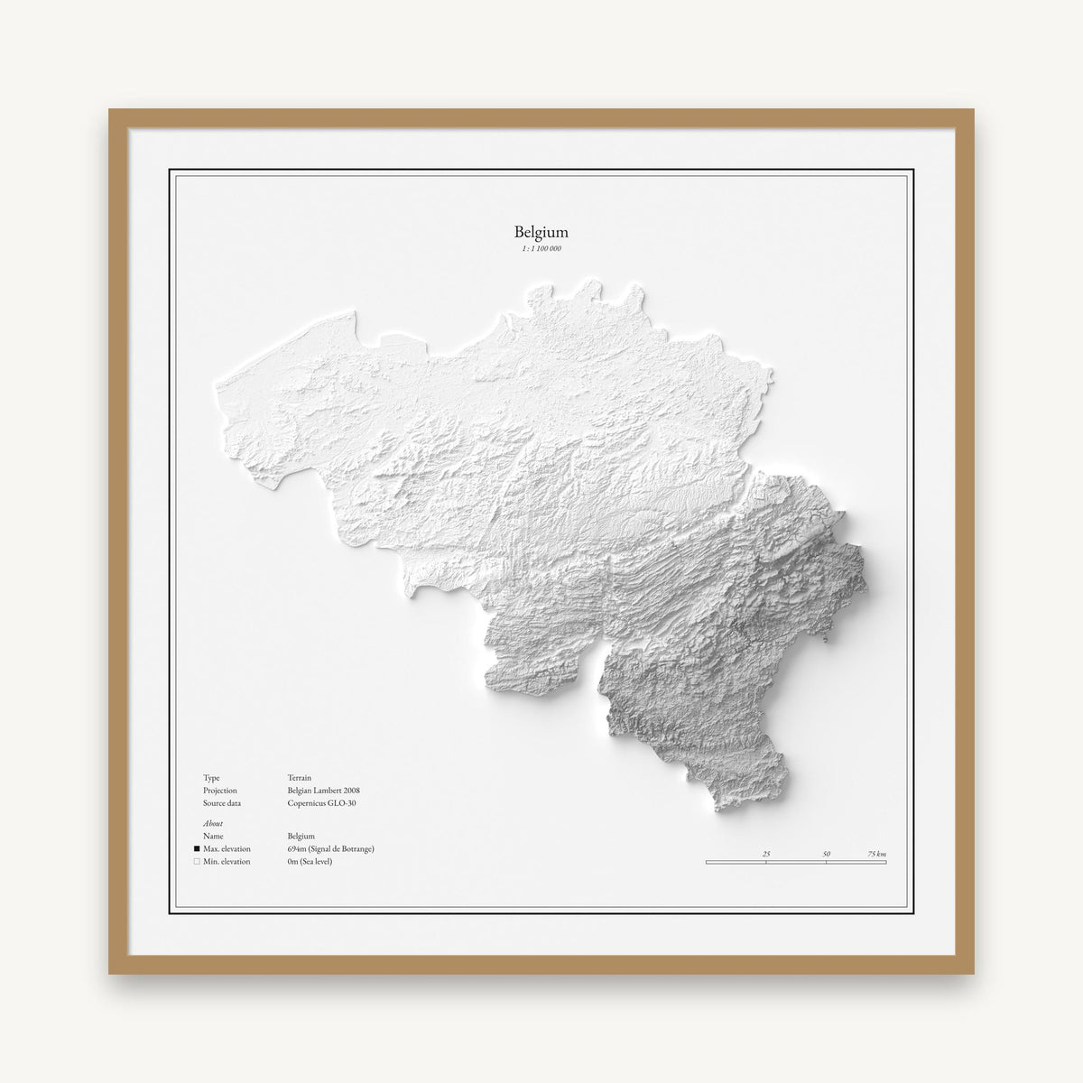 Belgien - Reliefkarte, im Naturholzrahmen