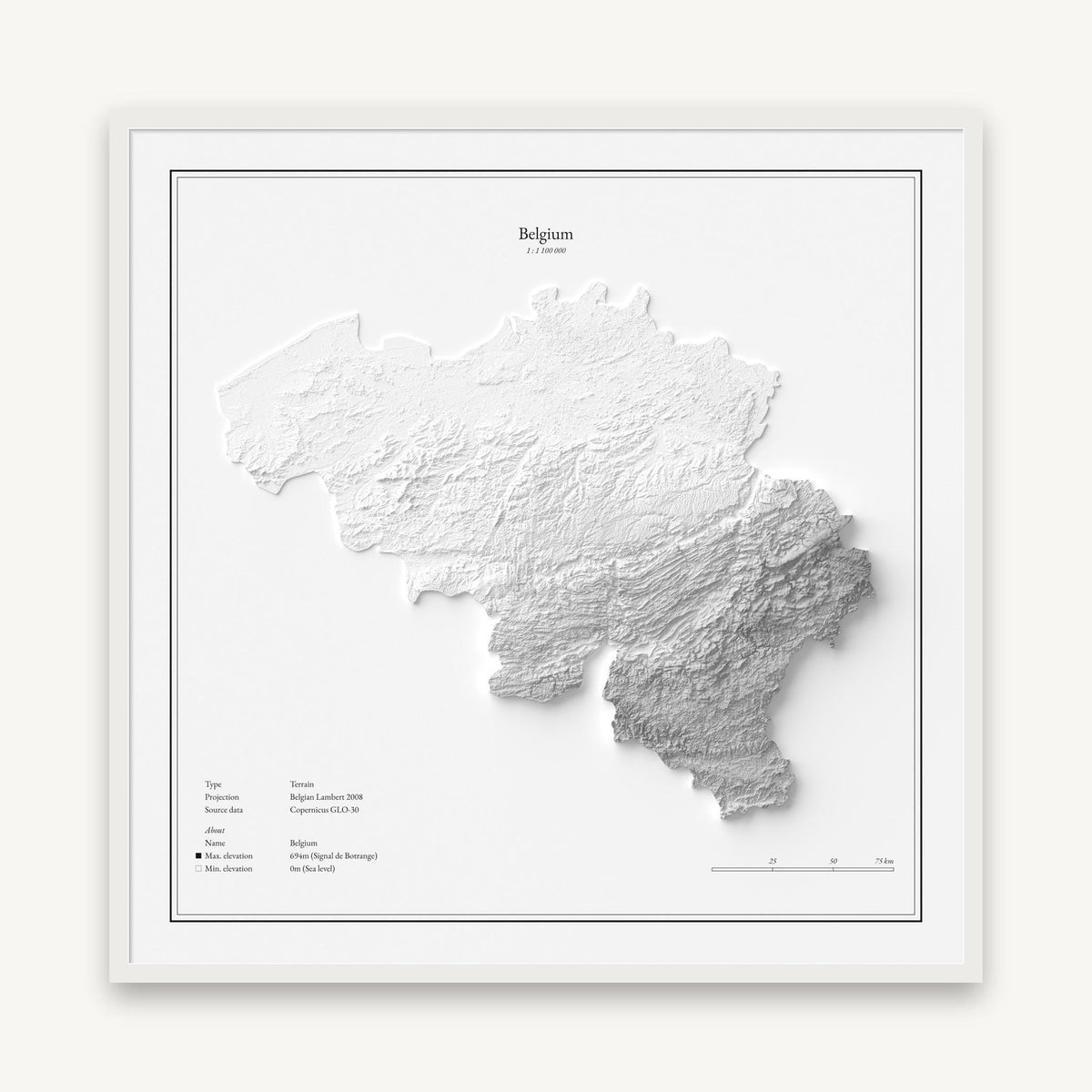 Belgien - Reliefkarte, im weißen Rahmen