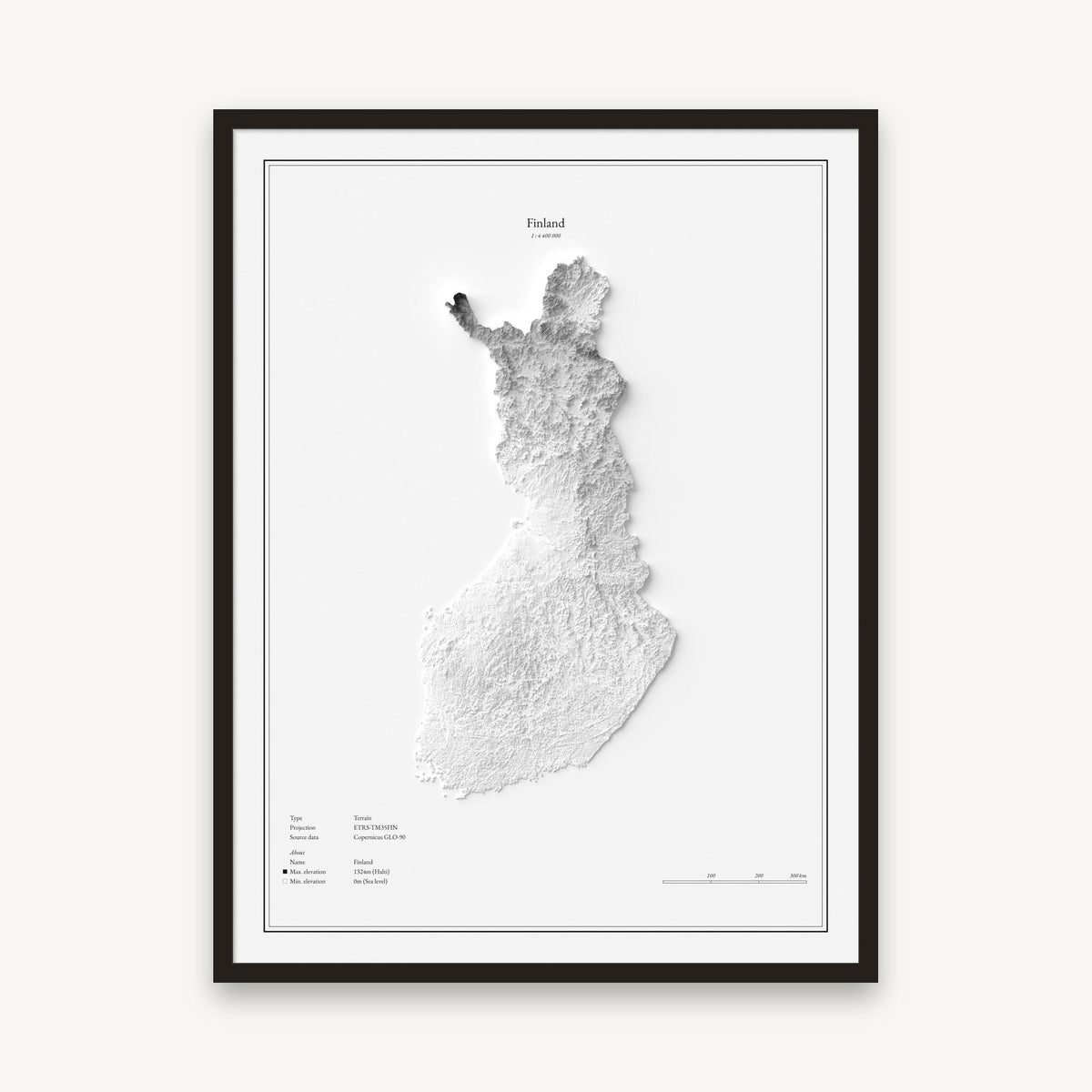 Finnland - Reliefkarte, im schwarzen Rahmen