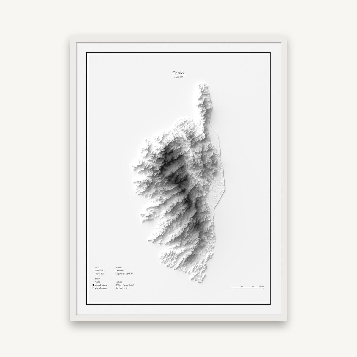 Korsika - Reliefkarte, im weißen Rahmen